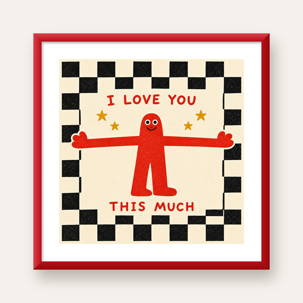 Sevimli Karakterli Aşk Mesajlı Çizgi Film Poster - I LOVE YOU — kırmızı çerçeveli paspartulu