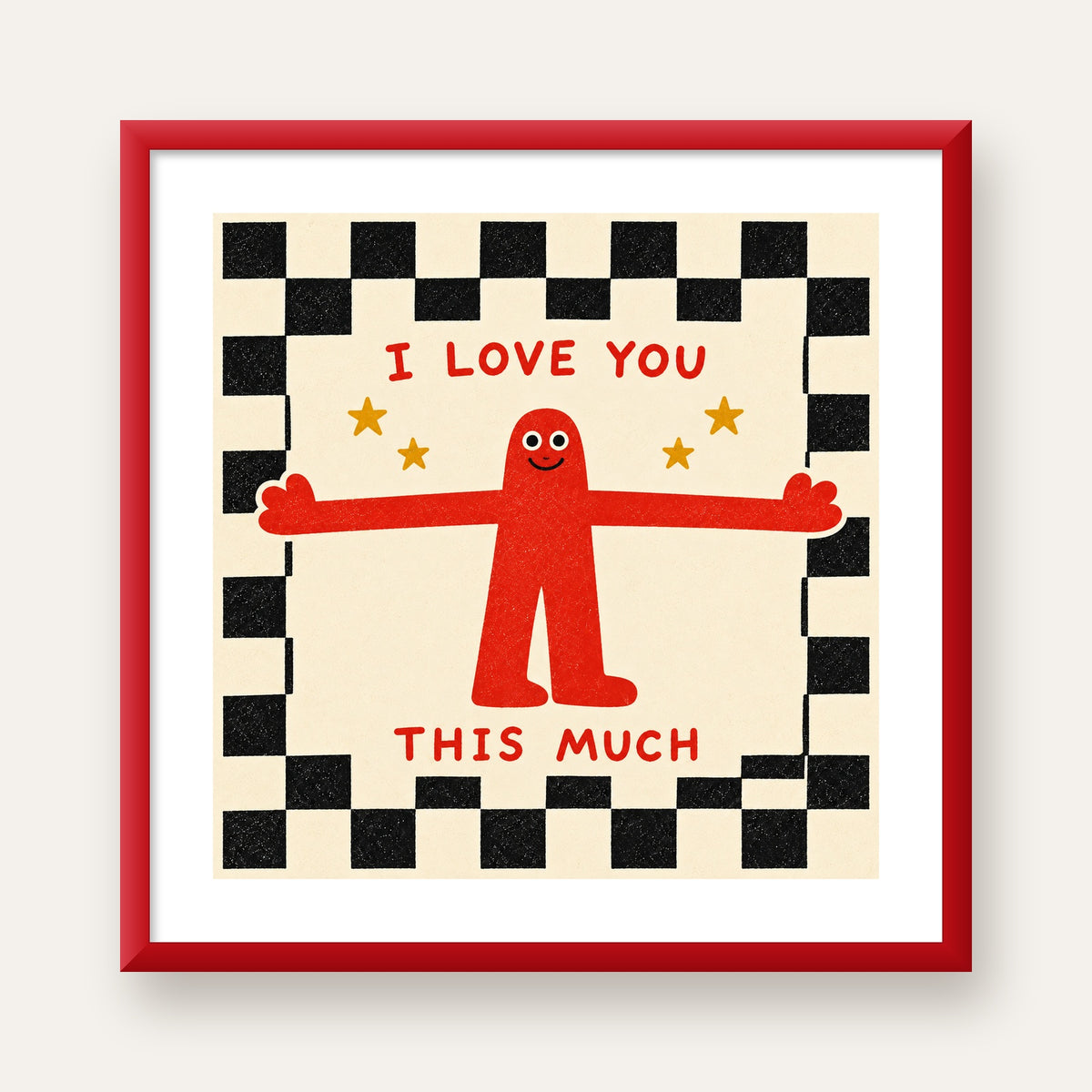 Sevimli Karakterli Aşk Mesajlı Çizgi Film Poster - I LOVE YOU — kırmızı çerçeveli paspartulu