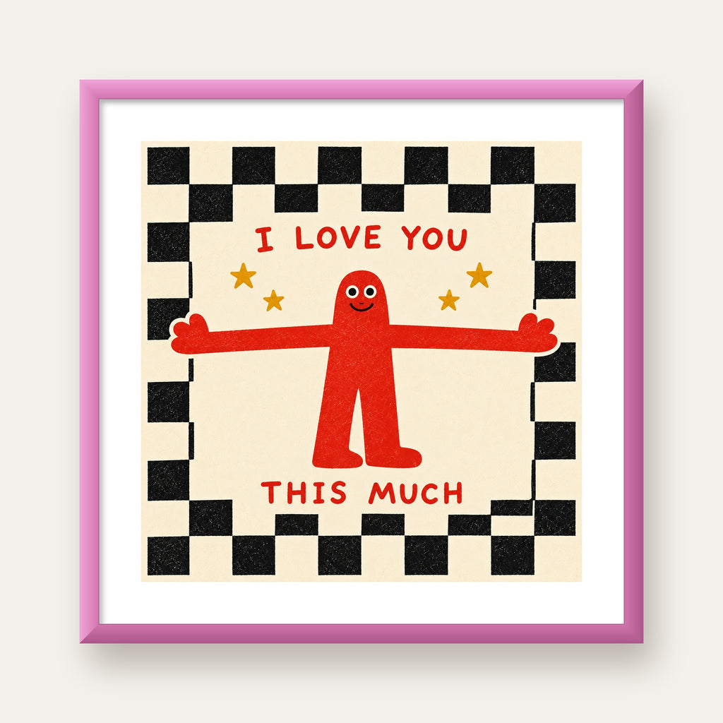 Sevimli Karakterli Aşk Mesajlı Çizgi Film Poster - I LOVE YOU — pembe çerçeveli paspartulu