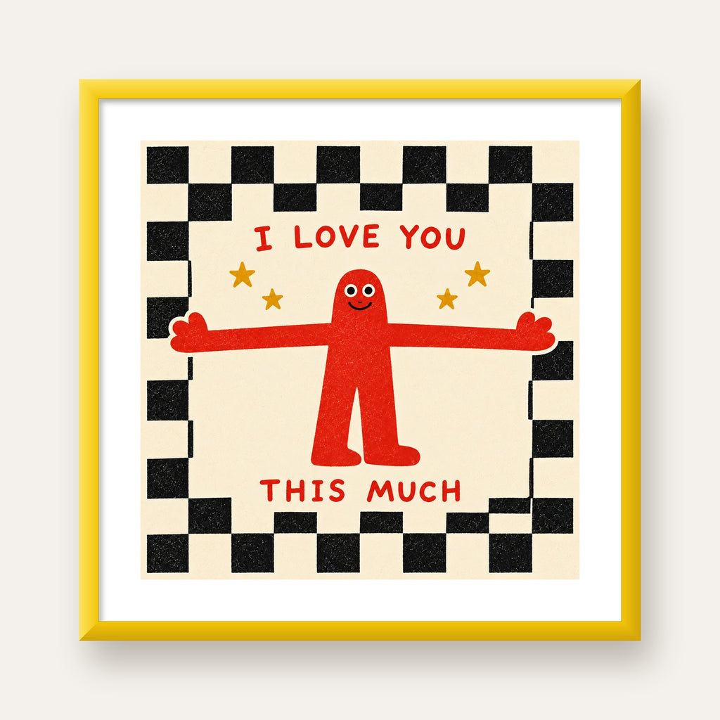 Sevimli Karakterli Aşk Mesajlı Çizgi Film Poster - I LOVE YOU — sarı çerçeveli paspartulu