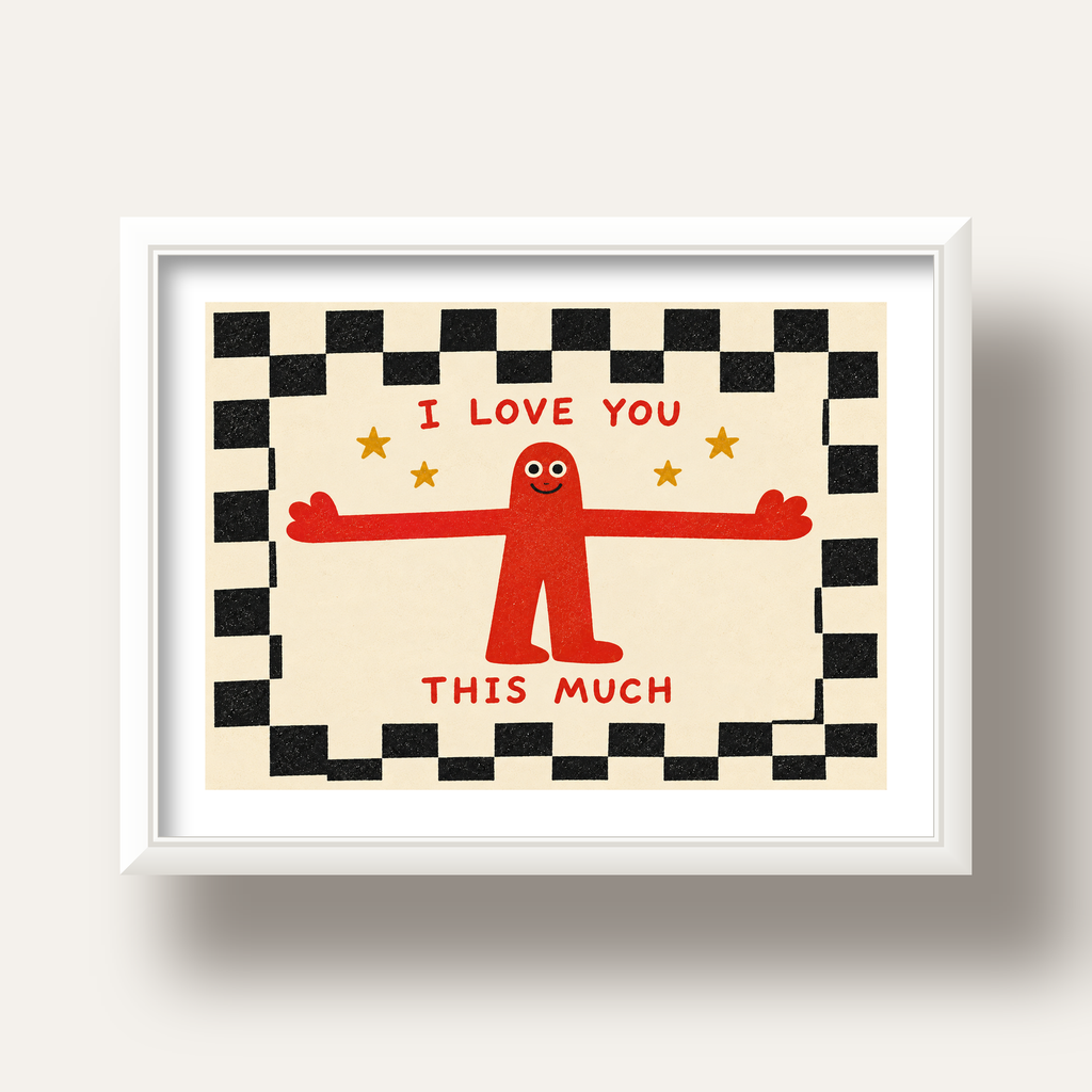 Sevimli Karakterli Aşk Mesajlı Çizgi Film Poster - I LOVE YOU — beyaz derin çerçeveli paspartulu