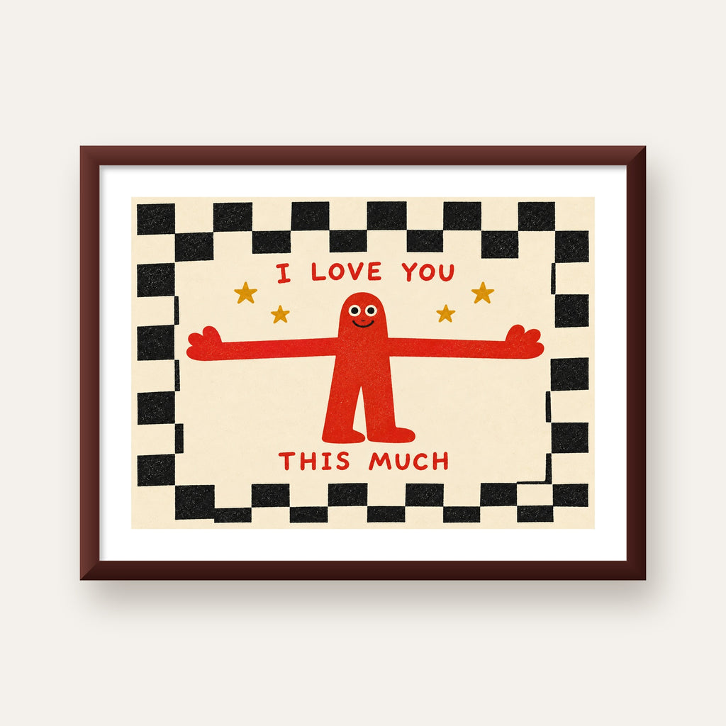 Sevimli Karakterli Aşk Mesajlı Çizgi Film Poster - I LOVE YOU — ceviz çerçeveli paspartulu