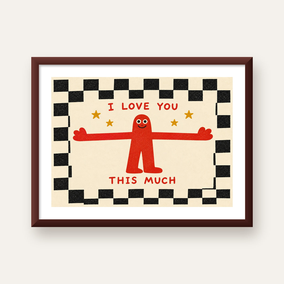 Sevimli Karakterli Aşk Mesajlı Çizgi Film Poster - I LOVE YOU — ceviz çerçeveli paspartulu
