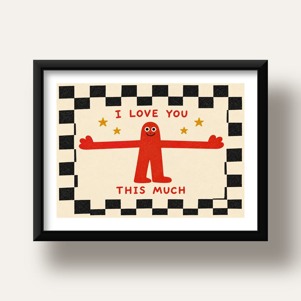 Sevimli Karakterli Aşk Mesajlı Çizgi Film Poster - I LOVE YOU — siyah derin çerçeveli paspartulu