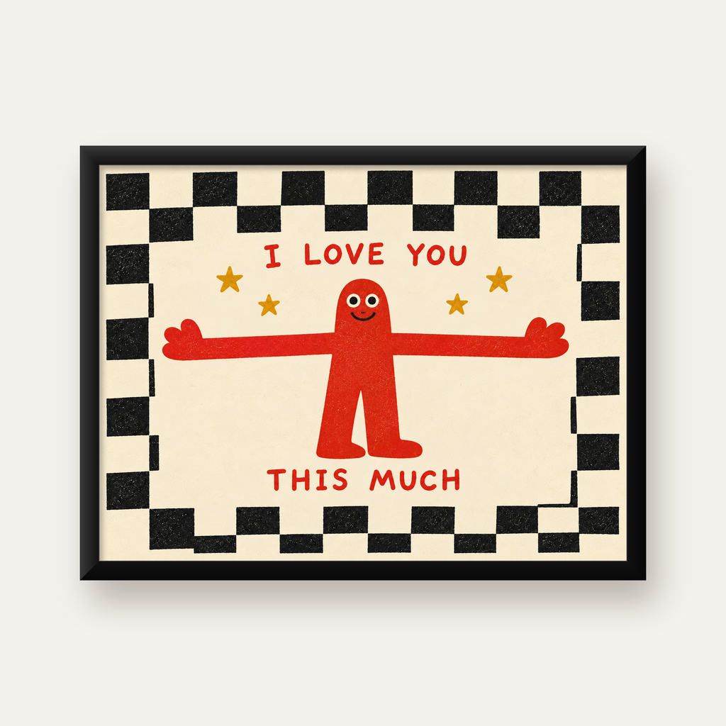 Sevimli Karakterli Aşk Mesajlı Çizgi Film Poster - I LOVE YOU — Yatay baskı, düz siyah çerçeveli duvar posteri