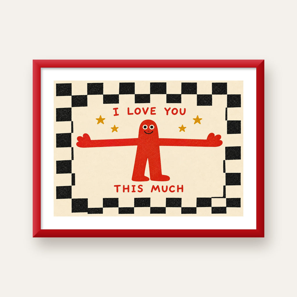 Sevimli Karakterli Aşk Mesajlı Çizgi Film Poster - I LOVE YOU — kırmızı çerçeveli paspartulu