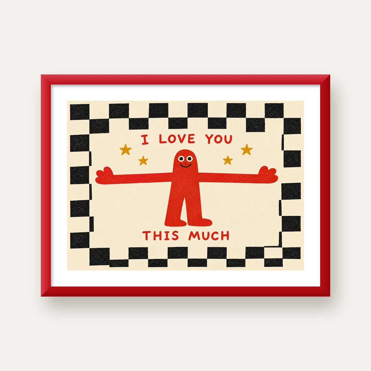 Sevimli Karakterli Aşk Mesajlı Çizgi Film Poster - I LOVE YOU — kırmızı çerçeveli paspartulu