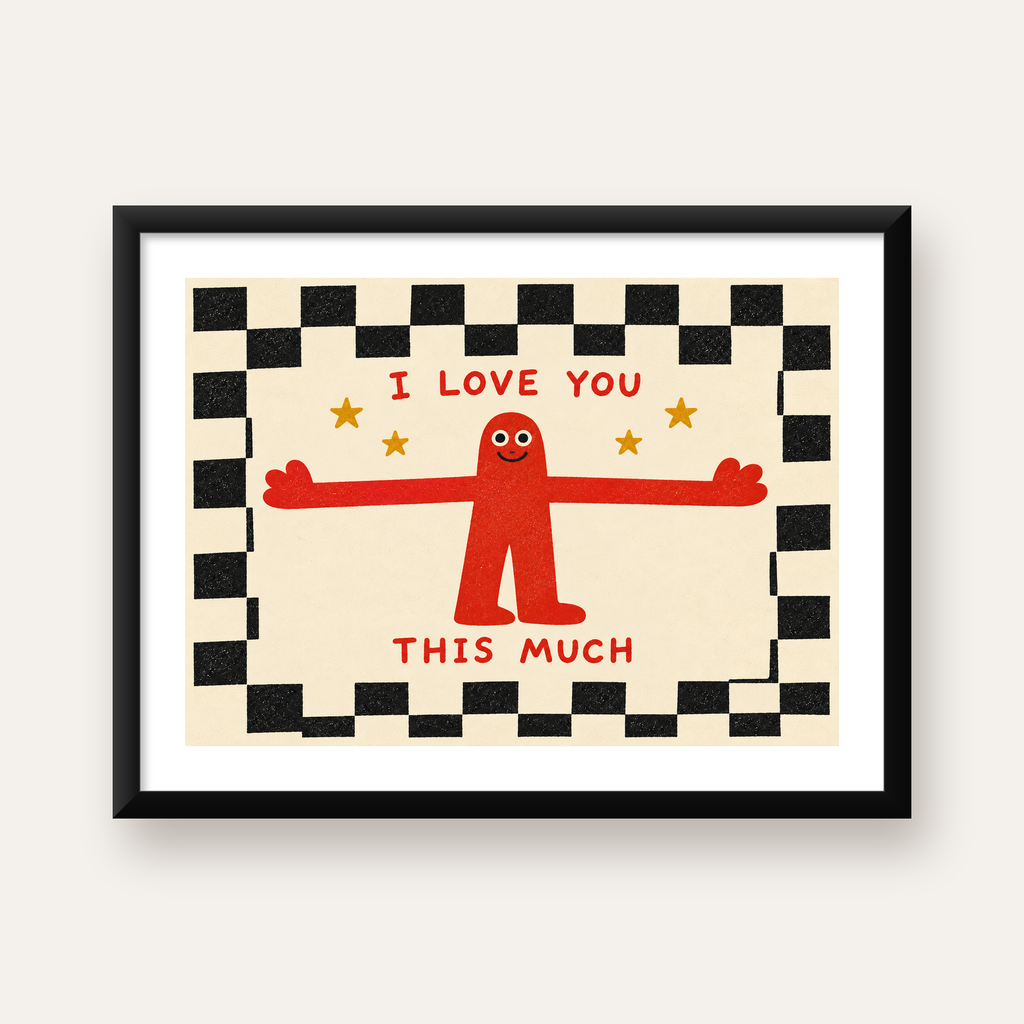 Sevimli Karakterli Aşk Mesajlı Çizgi Film Poster - I LOVE YOU — Yatay baskı, beyaz paspartulu
