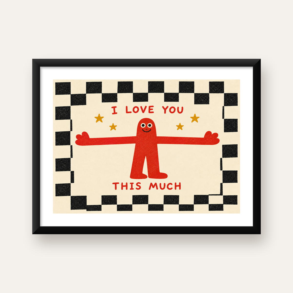 Sevimli Karakterli Aşk Mesajlı Çizgi Film Poster - I LOVE YOU — Yatay baskı, beyaz paspartulu