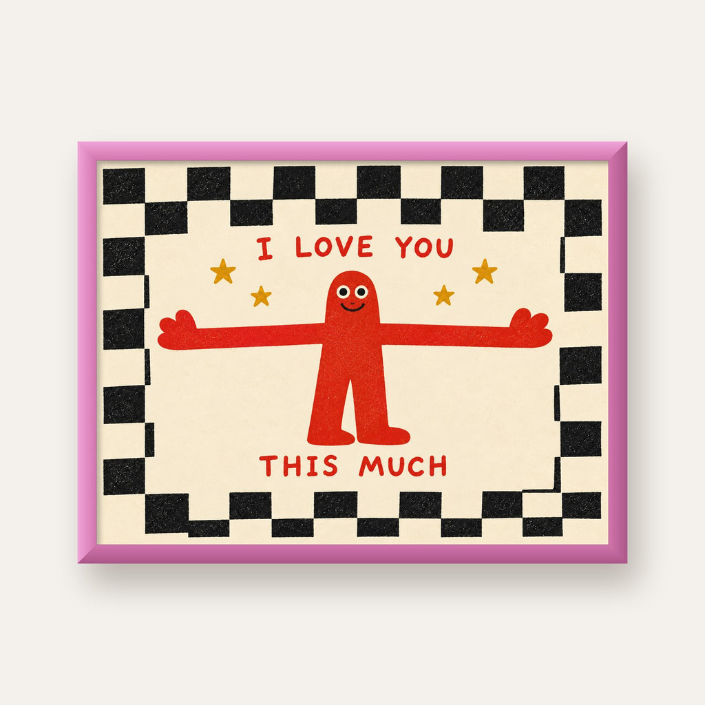 Sevimli Karakterli Aşk Mesajlı Çizgi Film Poster - I LOVE YOU — pembe çerçeveli