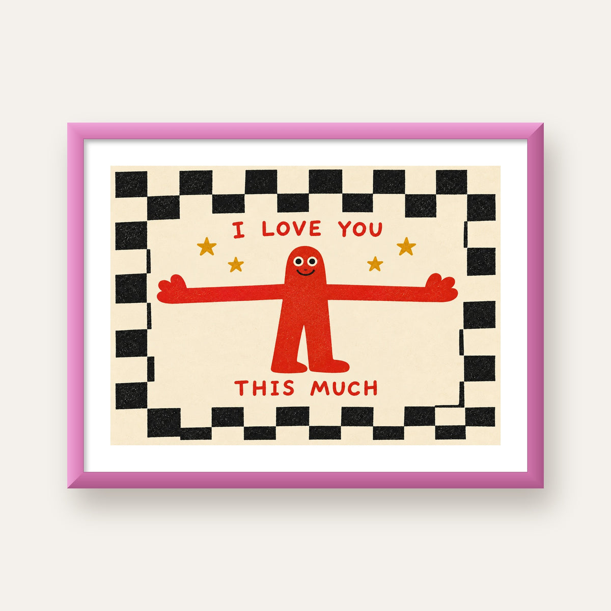Sevimli Karakterli Aşk Mesajlı Çizgi Film Poster - I LOVE YOU — pembe çerçeveli paspartulu
