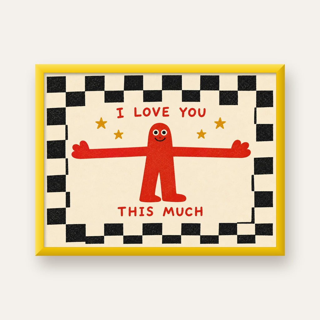 Sevimli Karakterli Aşk Mesajlı Çizgi Film Poster - I LOVE YOU — sarı çerçeveli