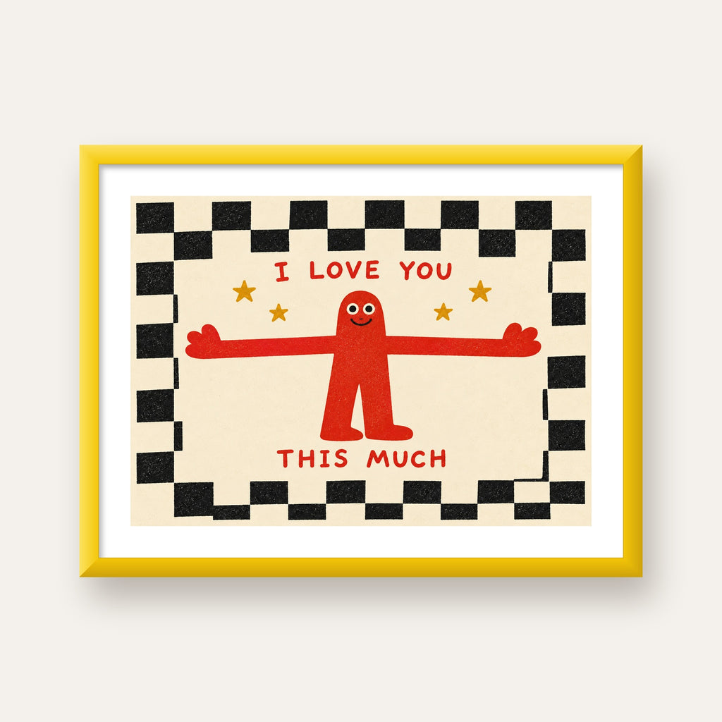 Sevimli Karakterli Aşk Mesajlı Çizgi Film Poster - I LOVE YOU — sarı çerçeveli paspartulu