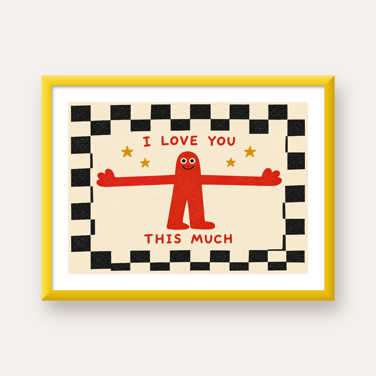Sevimli Karakterli Aşk Mesajlı Çizgi Film Poster - I LOVE YOU — sarı çerçeveli paspartulu