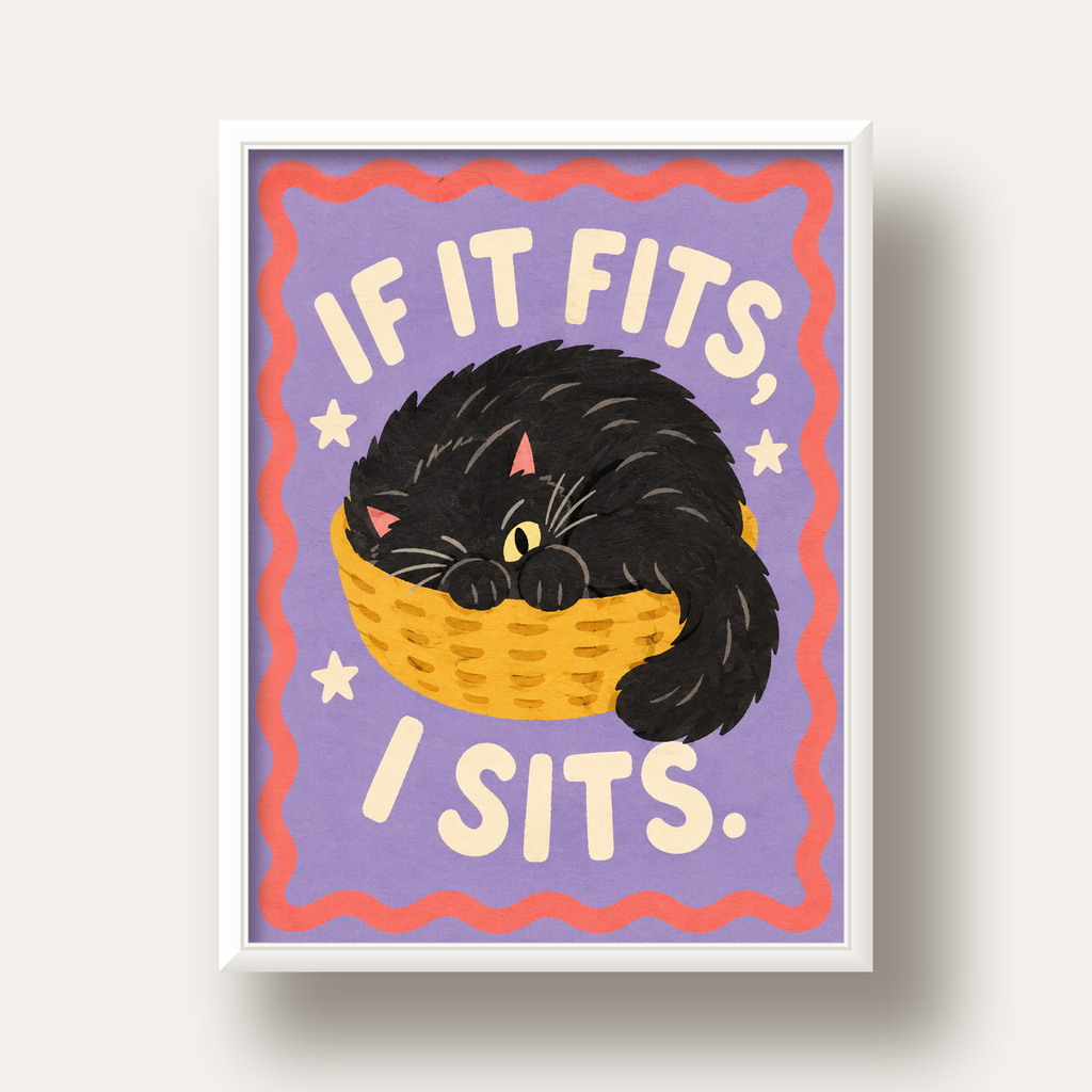 Sepette Siyah Kedi İllüstrasyon Poster – Dijital Sanat Baskısı — beyaz derin çerçeveli