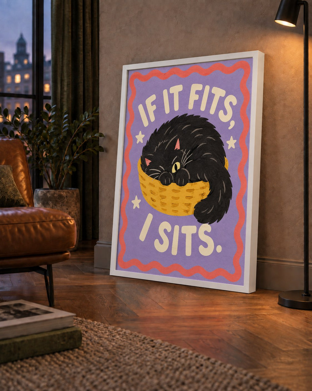 Sepette Siyah Kedi İllüstrasyon Poster – Dijital Sanat Baskısı — çerçeveli hâliyle bir ev duvarında