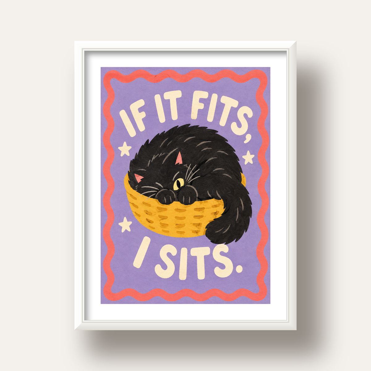Sepette Siyah Kedi İllüstrasyon Poster – Dijital Sanat Baskısı — beyaz derin çerçeveli paspartulu