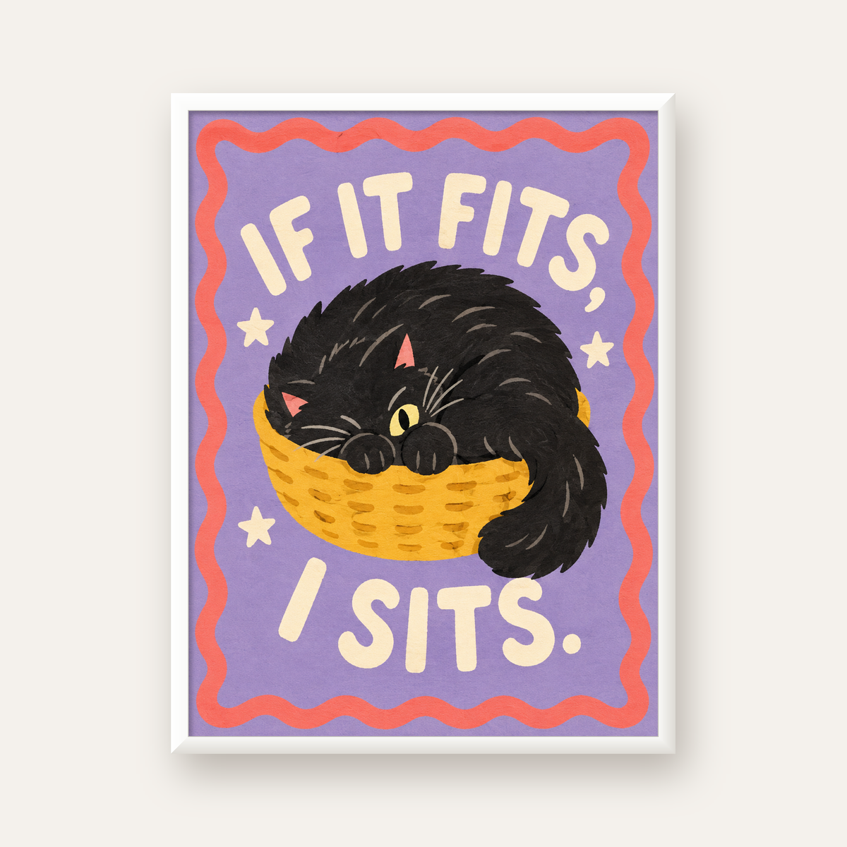 Sepette Siyah Kedi İllüstrasyon Poster – Dijital Sanat Baskısı — beyaz çerçeveli dikey poster