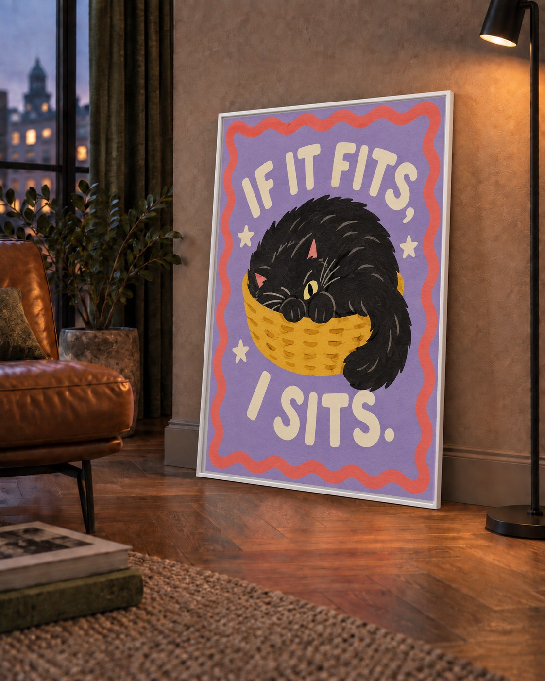 Sepette Siyah Kedi İllüstrasyon Poster – Dijital Sanat Baskısı — çerçeveli hâliyle bir ev duvarında