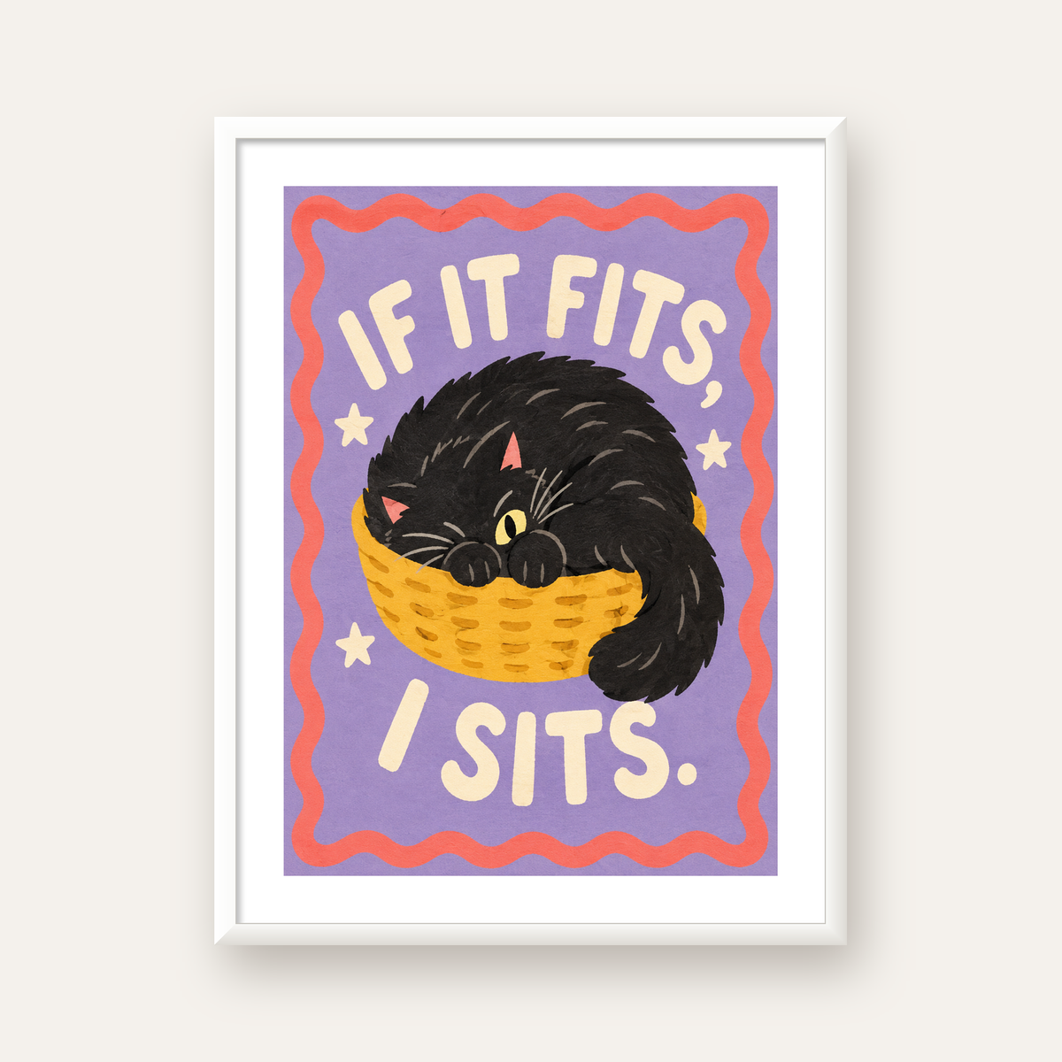 Sepette Siyah Kedi İllüstrasyon Poster – Dijital Sanat Baskısı — beyaz çerçeveli dikey poster