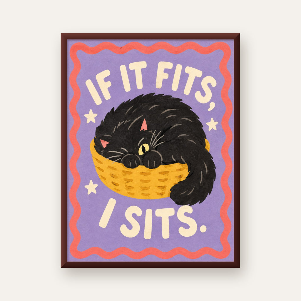 Sepette Siyah Kedi İllüstrasyon Poster – Dijital Sanat Baskısı — ceviz çerçeveli