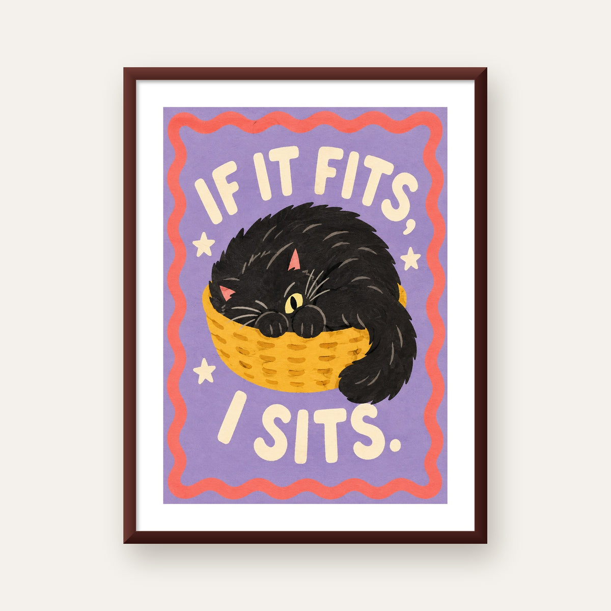 Sepette Siyah Kedi İllüstrasyon Poster – Dijital Sanat Baskısı — ceviz çerçeveli paspartulu