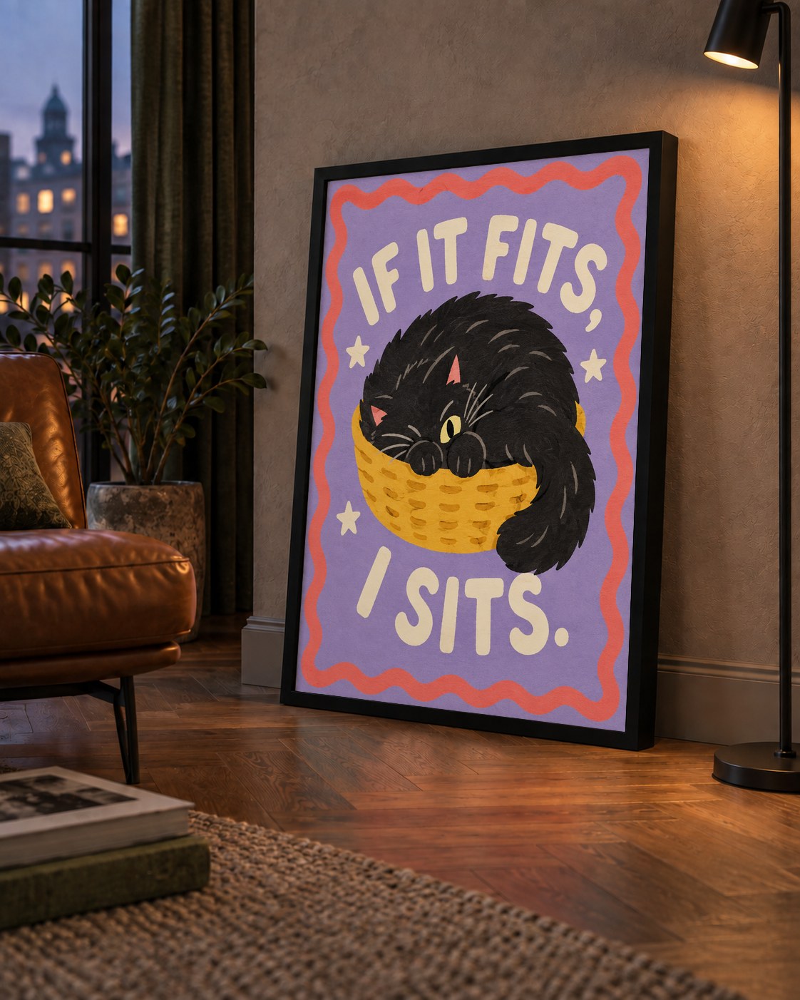 Sepette Siyah Kedi İllüstrasyon Poster – Dijital Sanat Baskısı — çerçeveli hâliyle bir ev duvarında