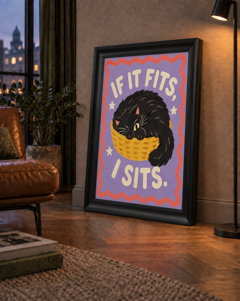 Sepette Siyah Kedi İllüstrasyon Poster – Dijital Sanat Baskısı — çerçeveli hâliyle bir ev duvarında