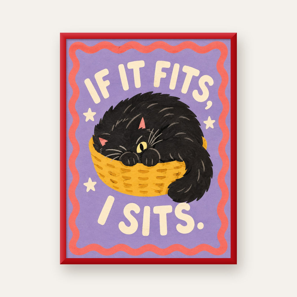 Sepette Siyah Kedi İllüstrasyon Poster – Dijital Sanat Baskısı — kırmızı çerçeveli