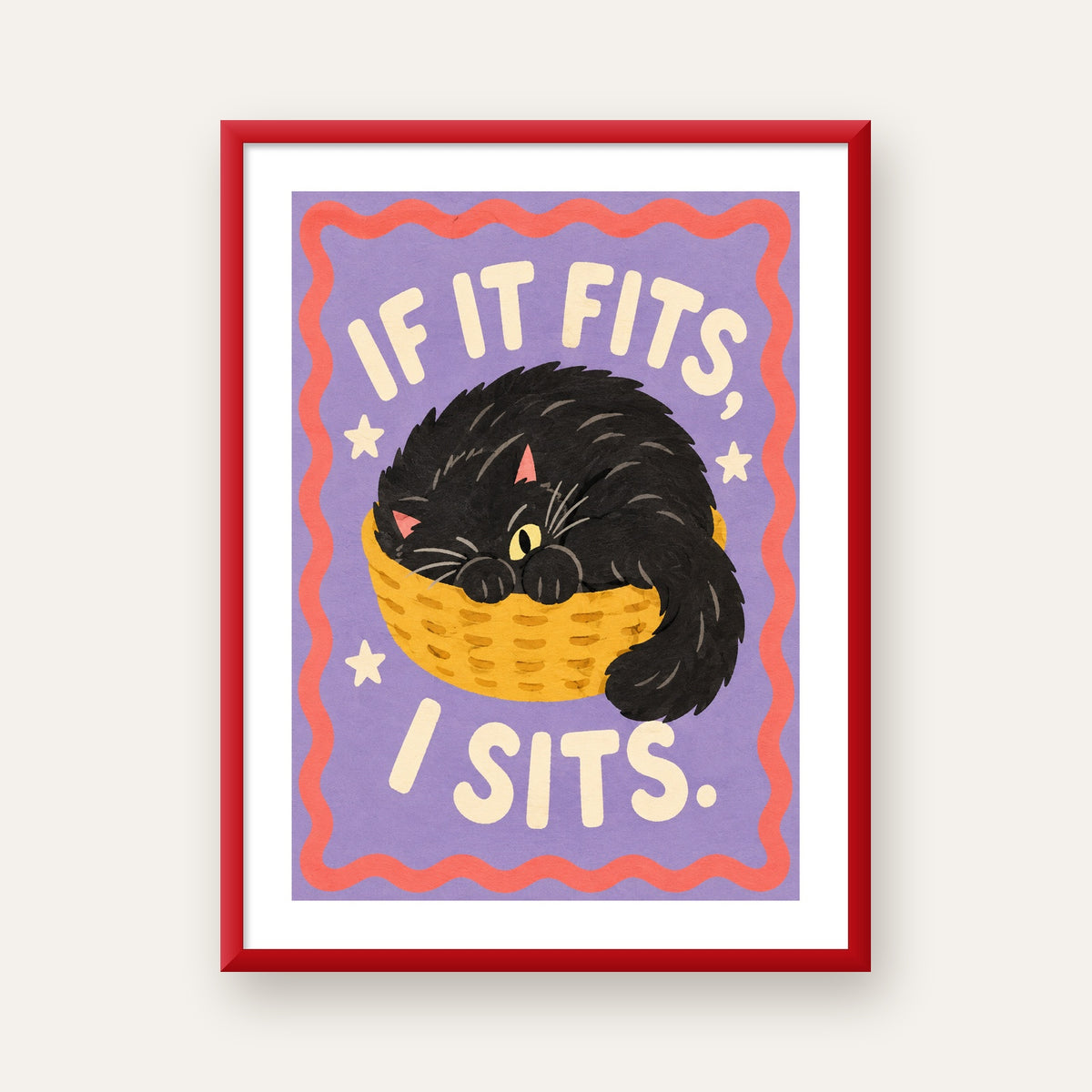 Sepette Siyah Kedi İllüstrasyon Poster – Dijital Sanat Baskısı — kırmızı çerçeveli paspartulu