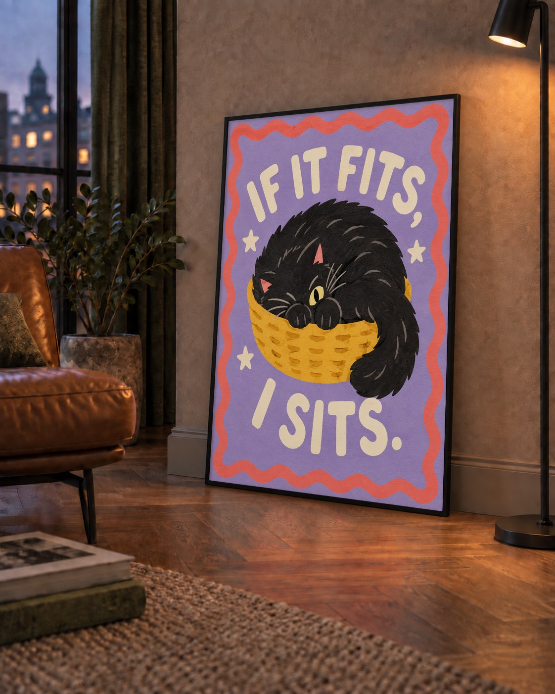 Sepette Siyah Kedi İllüstrasyon Poster – Dijital Sanat Baskısı — çerçeveli hâliyle bir ev duvarında