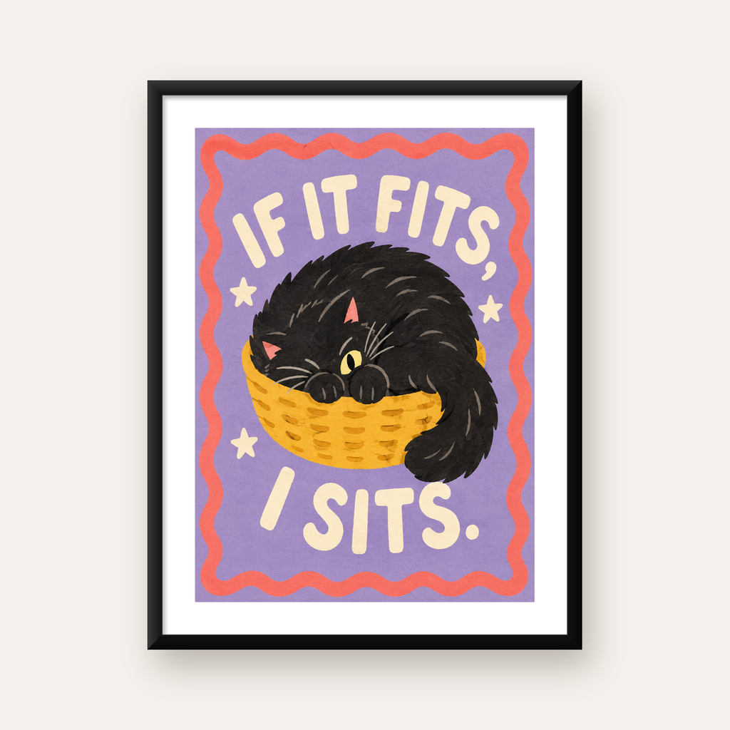 Sepette Siyah Kedi İllüstrasyon Poster – Dijital Sanat Baskısı — Dikey baskı, beyaz paspartulu