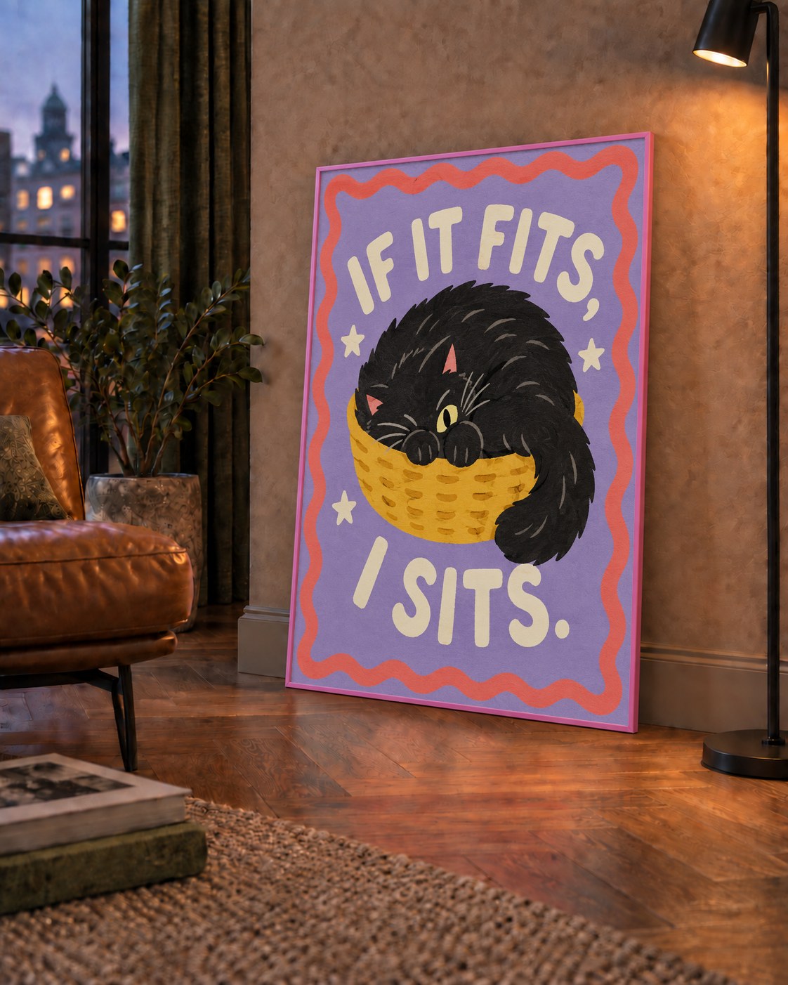 Sepette Siyah Kedi İllüstrasyon Poster – Dijital Sanat Baskısı — çerçeveli hâliyle bir ev duvarında