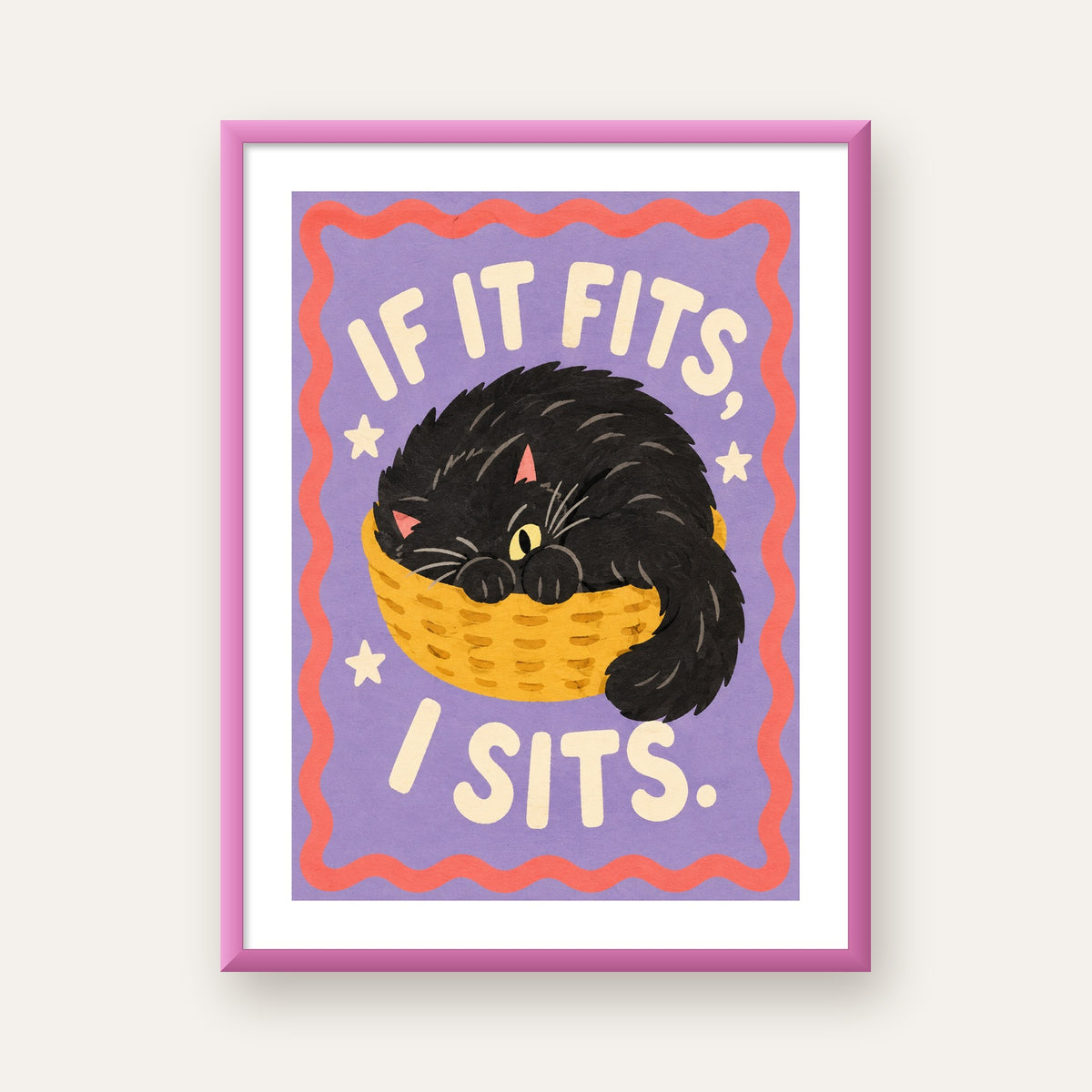 Sepette Siyah Kedi İllüstrasyon Poster – Dijital Sanat Baskısı — pembe çerçeveli paspartulu