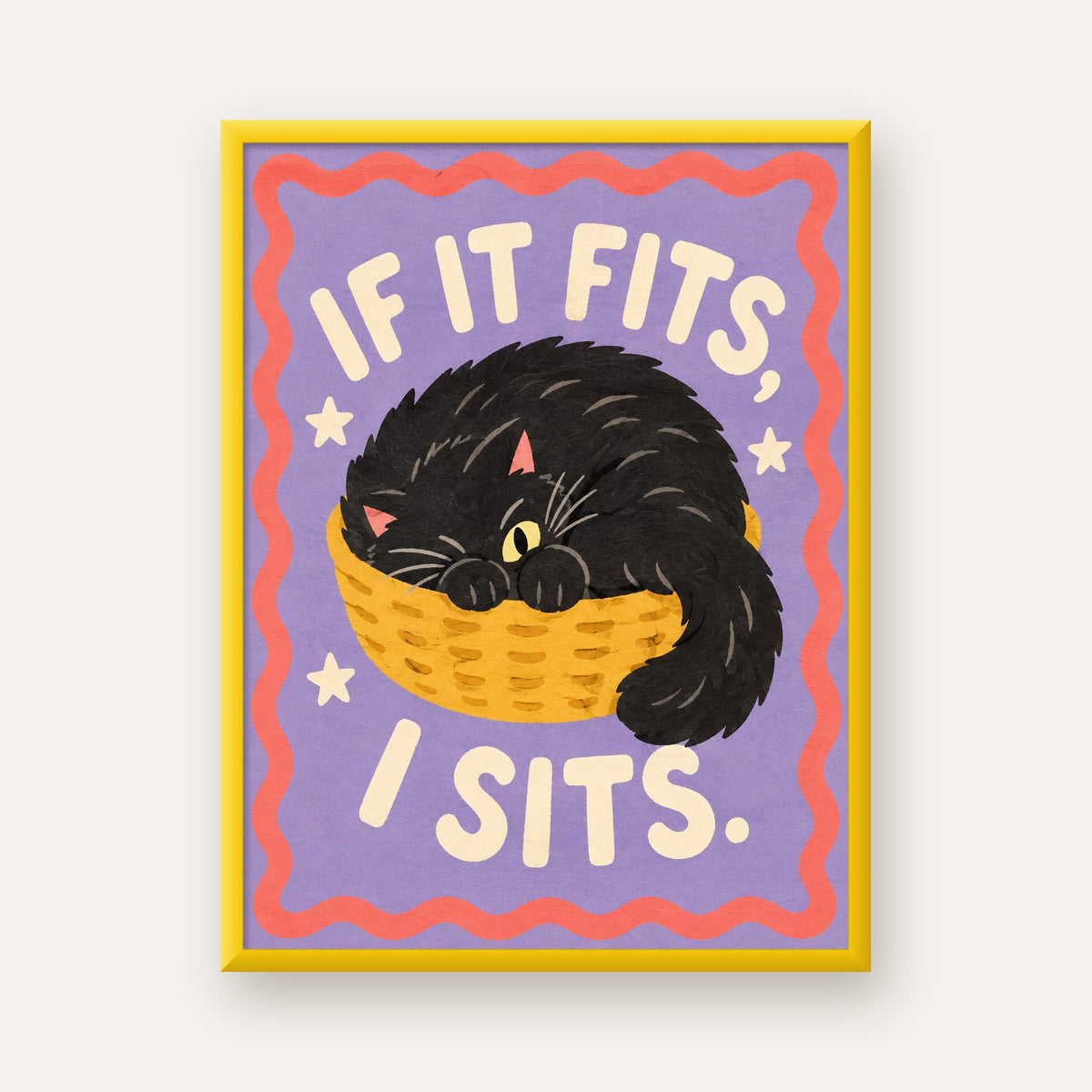 Sepette Siyah Kedi İllüstrasyon Poster – Dijital Sanat Baskısı — sarı çerçeveli