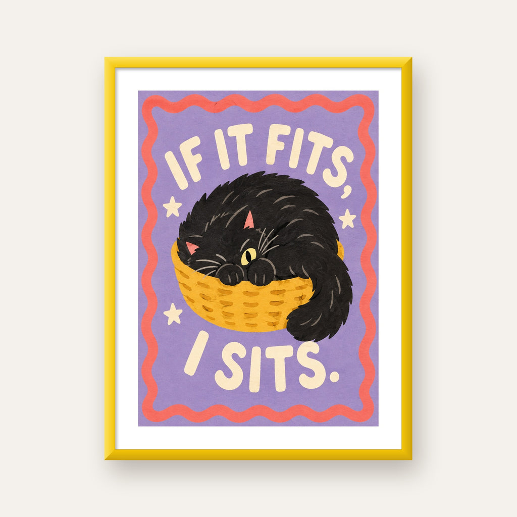 Sepette Siyah Kedi İllüstrasyon Poster – Dijital Sanat Baskısı — sarı çerçeveli paspartulu