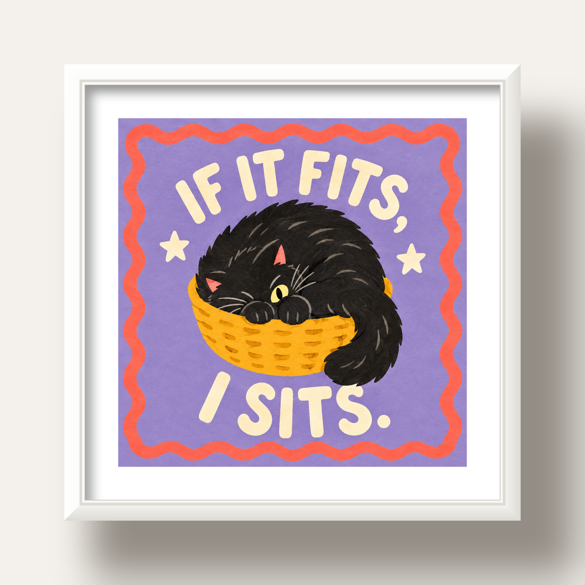 Sepette Siyah Kedi İllüstrasyon Poster – Dijital Sanat Baskısı — beyaz derin çerçeveli paspartulu
