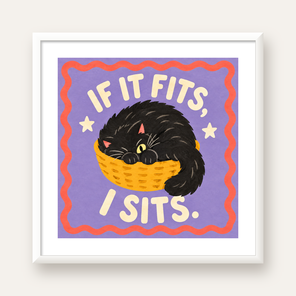 Sepette Siyah Kedi İllüstrasyon Poster – Dijital Sanat Baskısı — beyaz çerçeveli kare poster