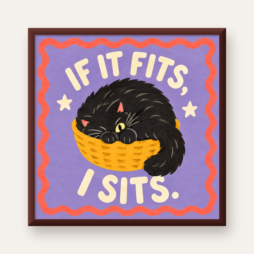 Sepette Siyah Kedi İllüstrasyon Poster – Dijital Sanat Baskısı — ceviz çerçeveli