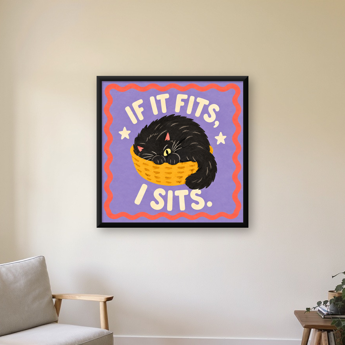 Sepette Siyah Kedi İllüstrasyon Poster – Dijital Sanat Baskısı — Kare baskı, çerçeveli hâliyle bir ev duvarında