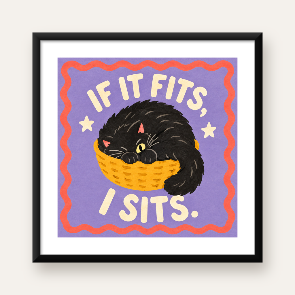 Sepette Siyah Kedi İllüstrasyon Poster – Dijital Sanat Baskısı — Kare baskı, beyaz paspartulu