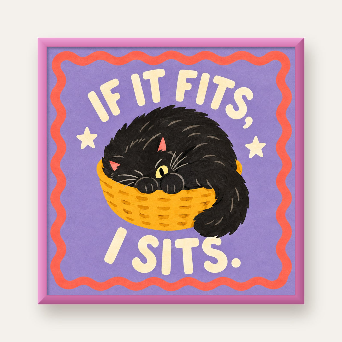 Sepette Siyah Kedi İllüstrasyon Poster – Dijital Sanat Baskısı — pembe çerçeveli