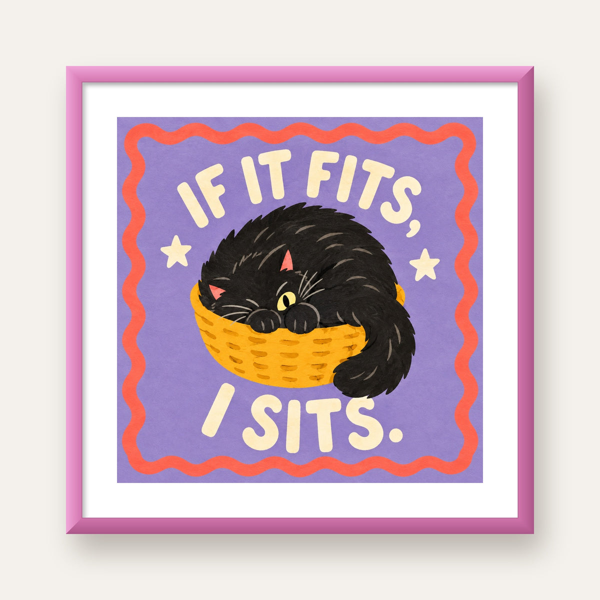 Sepette Siyah Kedi İllüstrasyon Poster – Dijital Sanat Baskısı — pembe çerçeveli paspartulu