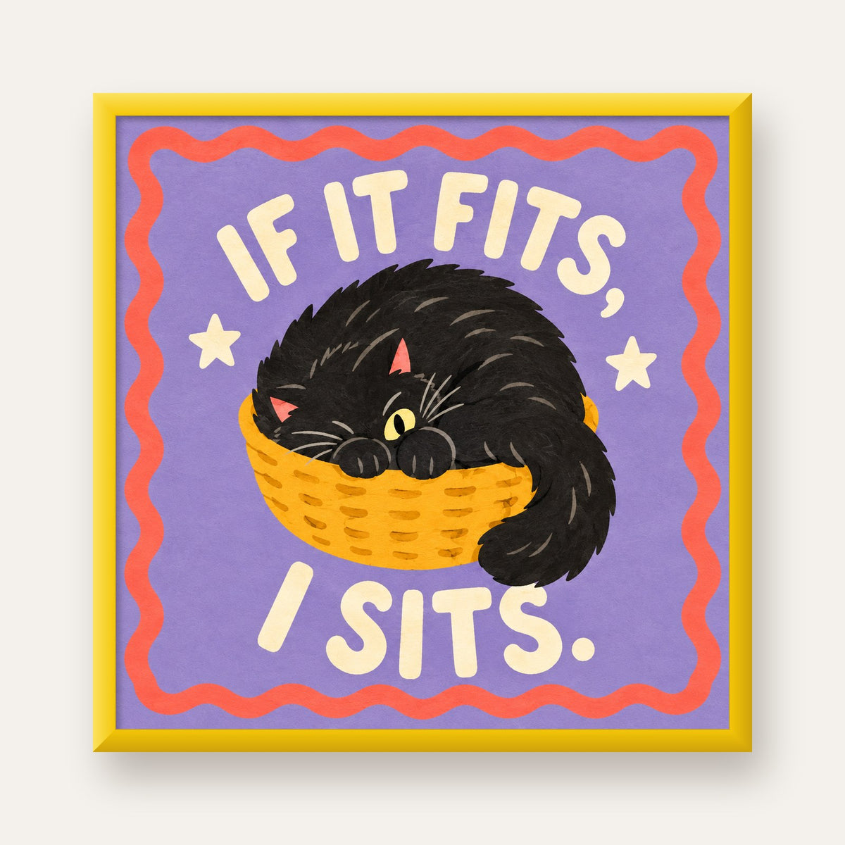 Sepette Siyah Kedi İllüstrasyon Poster – Dijital Sanat Baskısı — sarı çerçeveli