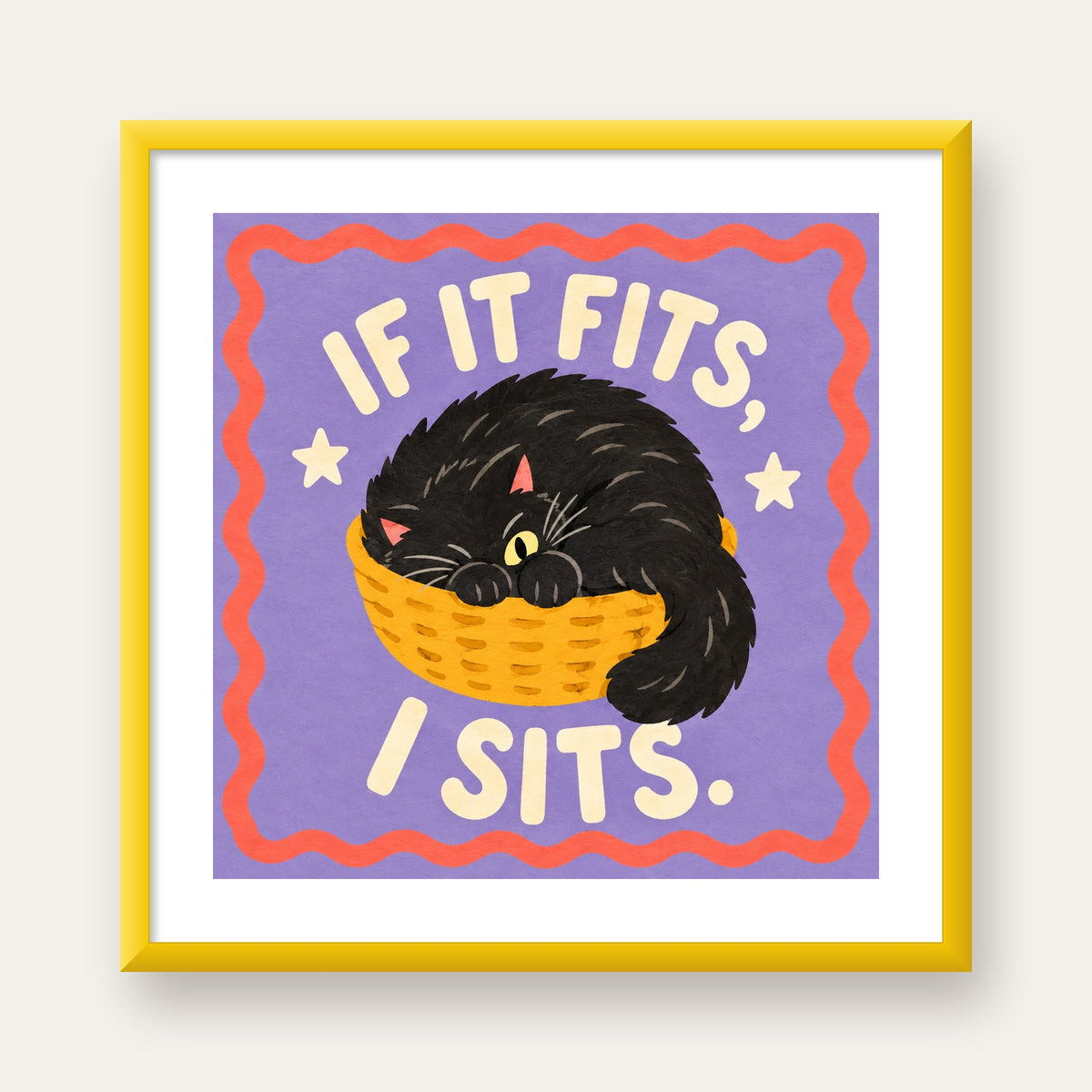 Sepette Siyah Kedi İllüstrasyon Poster – Dijital Sanat Baskısı — sarı çerçeveli paspartulu