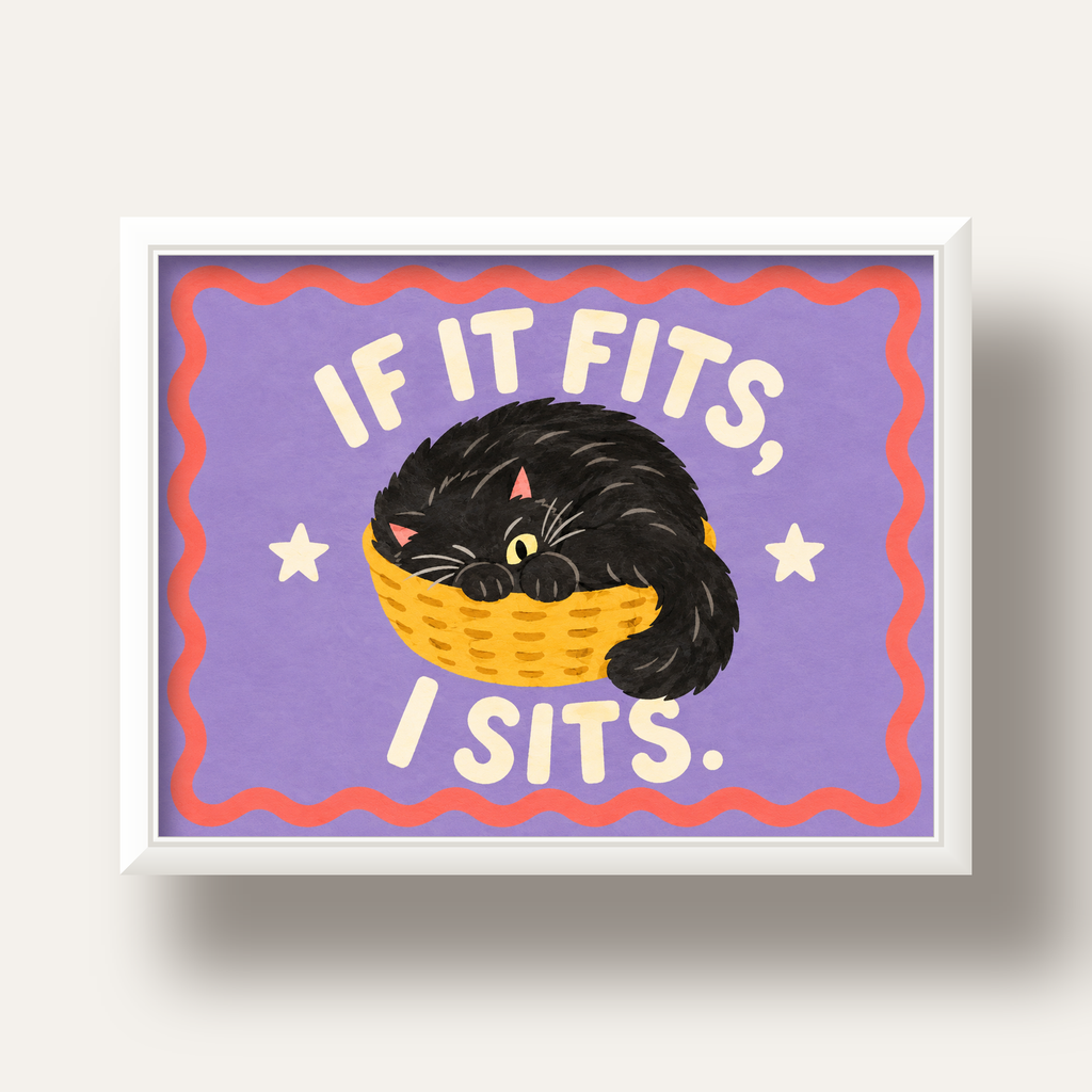 Sepette Siyah Kedi İllüstrasyon Poster – Dijital Sanat Baskısı — beyaz derin çerçeveli
