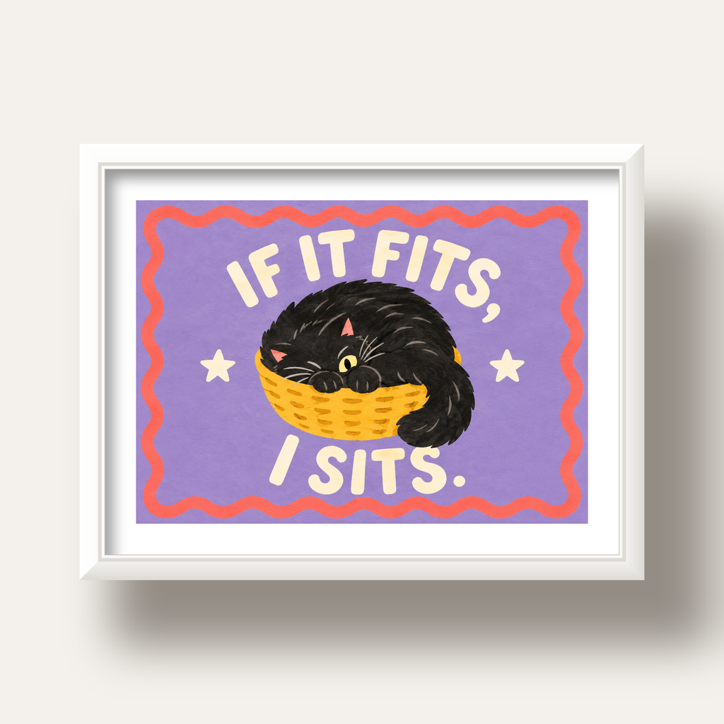 Sepette Siyah Kedi İllüstrasyon Poster – Dijital Sanat Baskısı — beyaz derin çerçeveli paspartulu
