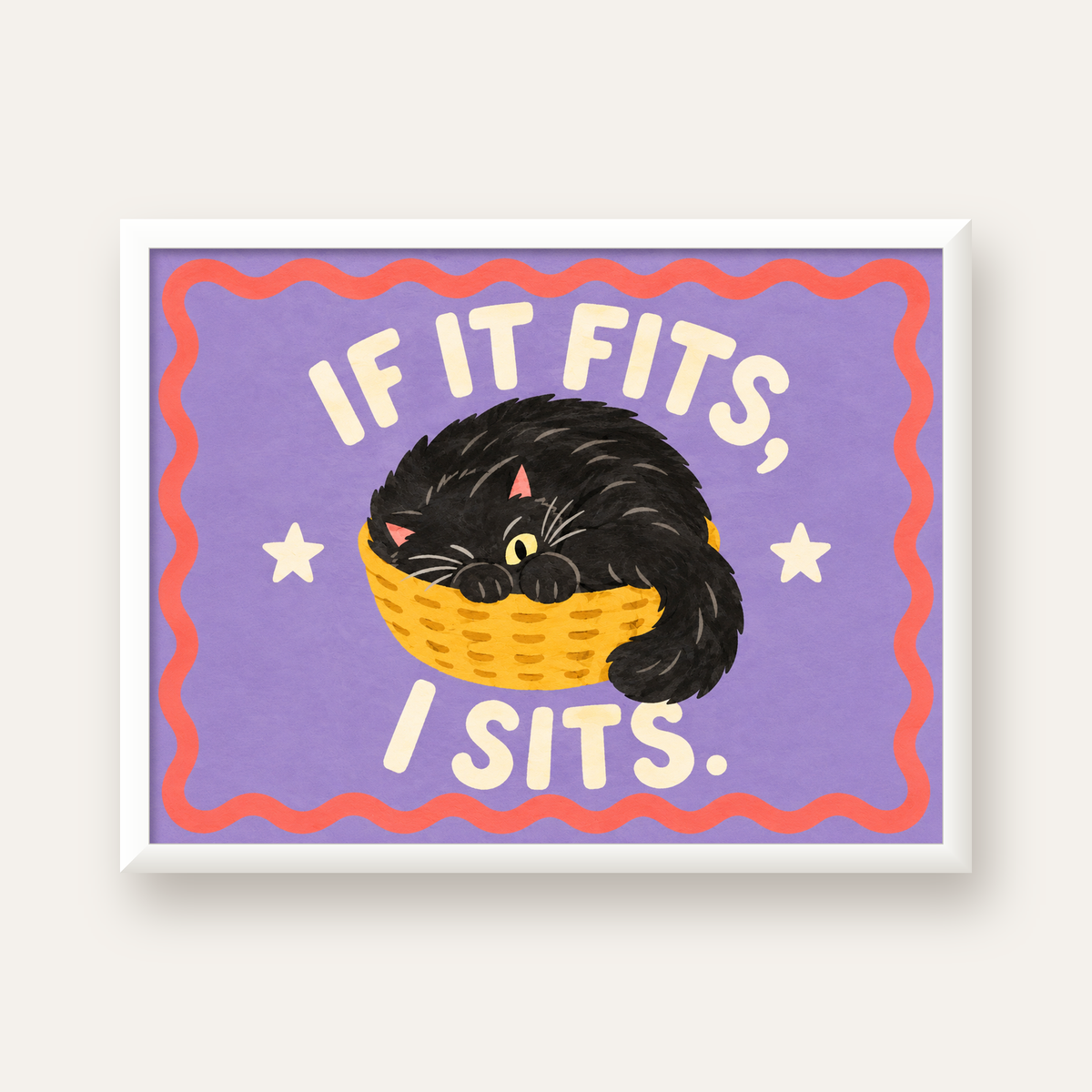 Sepette Siyah Kedi İllüstrasyon Poster – Dijital Sanat Baskısı — beyaz çerçeveli yatay poster