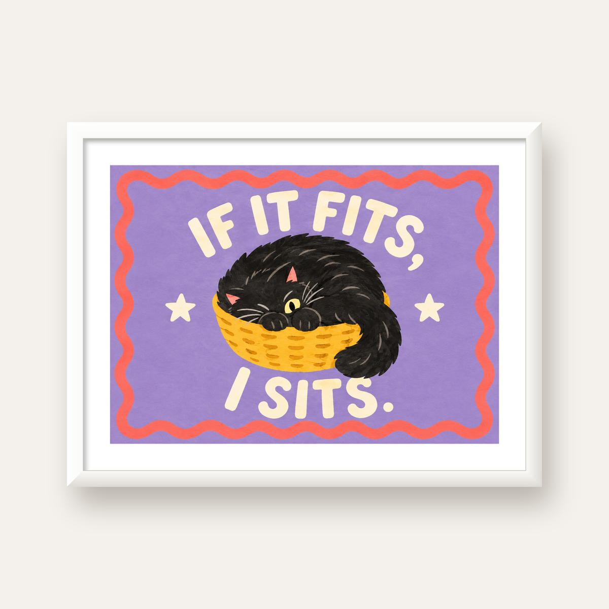 Sepette Siyah Kedi İllüstrasyon Poster – Dijital Sanat Baskısı — beyaz çerçeveli yatay poster