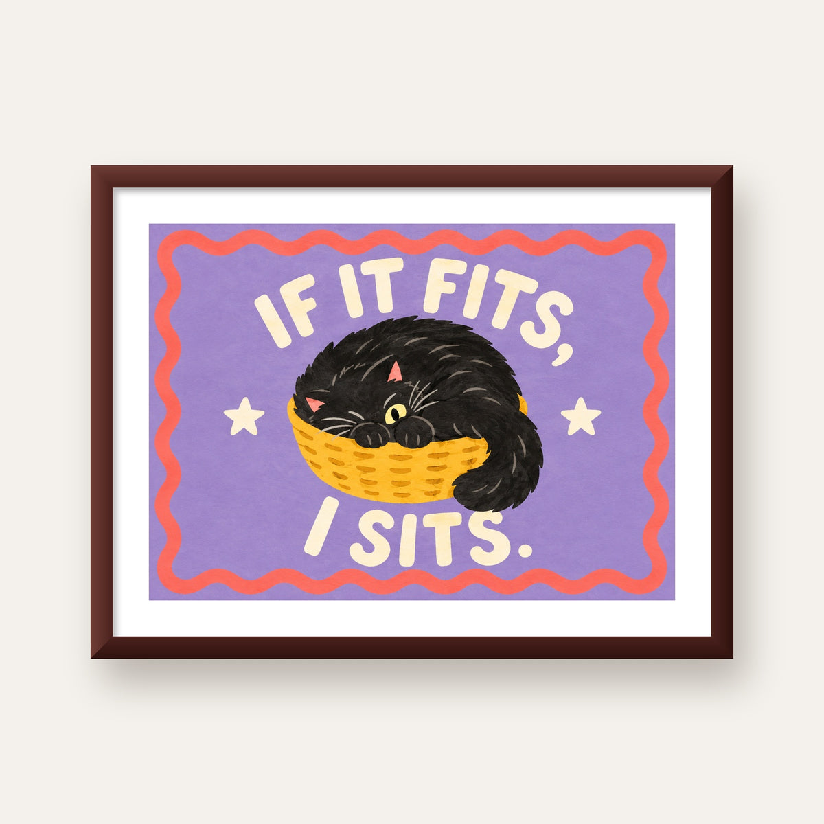 Sepette Siyah Kedi İllüstrasyon Poster – Dijital Sanat Baskısı — ceviz çerçeveli paspartulu